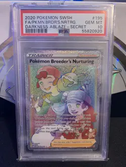 Pokemon PSA 10 GEM MINT Breeder's Nurturing 195/189 Secret Rare Darkness Ablaze - Image 1