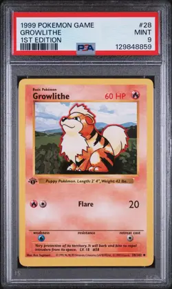 Pokemon PSA 9 MINT Growlithe 1st Edition Shadowless Base Set 1999 Card 28/102 - Image 1