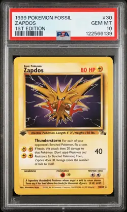1999 POKEMON FOSSIL 1ST ED #30 ZAPDOS PSA 10 - Image 1