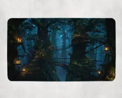 Enchanted Treehouse Forest with Lanterns MTG Playmat - Elf Woodland Art - Image 1