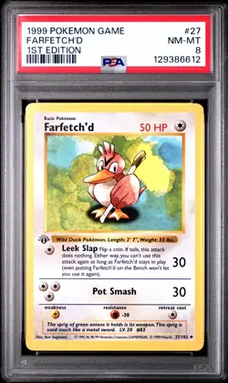 1999 Pokemon Game #27 Farfetch'D 1st Edition Shadowless PSA 8 NM-MT - Image 1