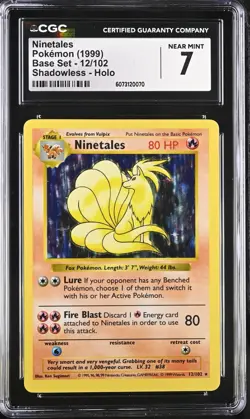 POKEMON CGC 7 NM Base Set Shadowless Ninetales 12/102 Holo Rare Unlimited *0070 - Image 1