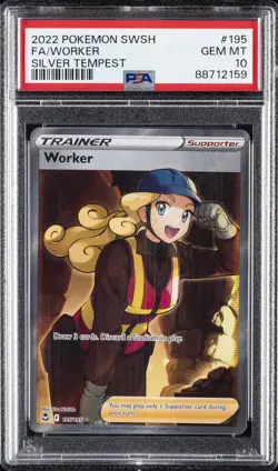 2022 POKEMON SWORD & SHIELD SILVER TEMPEST #195 FULL ART/WORKER PSA 10 - Image 1