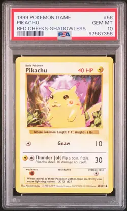 RARE! RED CHEEKS Shadowless Pikachu Pokemon 1999 Base Set 58/102 PSA 10 - Image 1