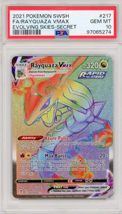 2021 POKEMON EVOLVING SKIES #217/203 RAYQUAZA VMAX FULL ART SECRET RARE PSA 10 - Image 1