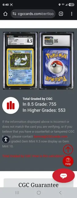 1999 Pokemon Vaporeon 12/64 Jungle Holo Graded CGC 8.5 - Image 2