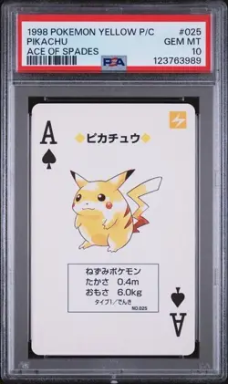 PSA 10 GEM MINT 1998 POKEMON YELLOW VERSION PLAYING CARDS #025 PIKACHU ACE - Image 1