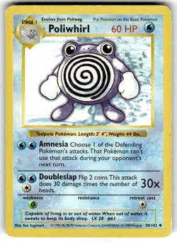 Pokemon Poliwhirl 38/102 Base Set Shadowless Regular Water MP Vintage TCG Card - Image 1