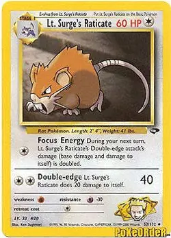 Gym Challenge 53/132 Lt. Surge's Raticate Pokemon UNLIMITED EDITION Card - Image 1