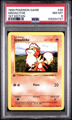 1999 POKEMON BASE SET 1ST EDITION #28 GROWLITHE PSA 8 - Image 1