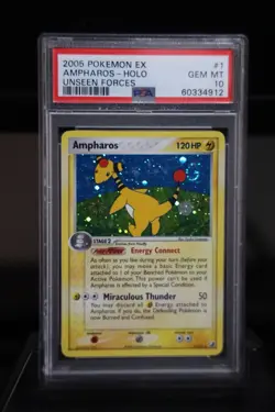 2005 Pokemon EX Ampharos 1/115 Unseen Forces Holo PSA 10 *TAIL SWIRL* - Image 1