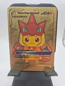 Gold- Pikachu Mega Charizard - Pokemon - Fan Art Card Cosplay FREE SHIPPING - Image 1