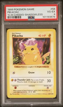 1999 POKEMON BASE SET SHADOWLESS YELLOW CHEEKS #58 PIKACHU PSA 4 - Image 1