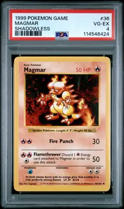 1999 POKEMON GAME #36 MAGMAR SHADOWLESS PSA VG-EX 4 - Image 1