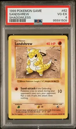 1999 POKEMON BASE SET SHADOWLESS #62 SANDSHREW PSA 4 - Image 1