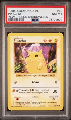 1999 POKEMON BASE SET YELLOW CHEEKS-SHADOWLESS #58 PIKACHU PSA 8 - Image 1