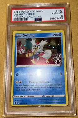 Delibird Snowflake Stamped 2022 Pokemon HOLO (Holiday Calendar) 032/198 PSA 8 MT - Image 1