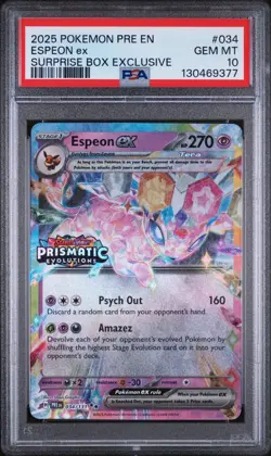 PSA 10 ESPEON #034 SURPRISE BOX EXCLUSIVE STAMPED 2025 POKEMON PRE EN PRISMATIC - Image 1
