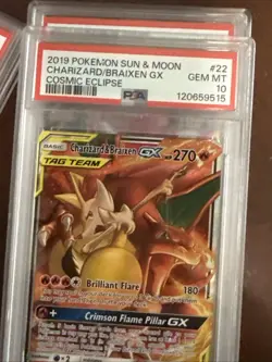 2019 Pokemon Sun & Moon Charizard & Braixen GX Cosmic Eclipse 22 Tag Team PSA 10 - Image 3