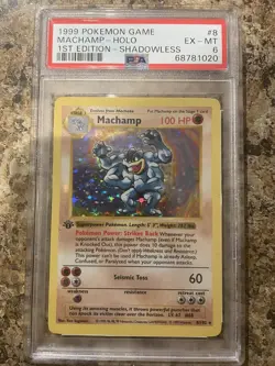 1999 Pokemon Base Set Machamp 1st Edition Shadowless Holo #8 PSA 6 - Image 1