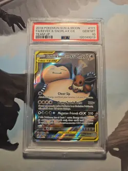 2019 POKEMON SUN & MOON TEAM UP #171 FULL ART/EEVEE & SNORLAX GX PSA 10 - Image 1