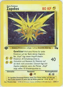 Pokemon Karte Trading Card Game Fossil Nr. 15/62 Zapdos Holo First Edition - Image 1