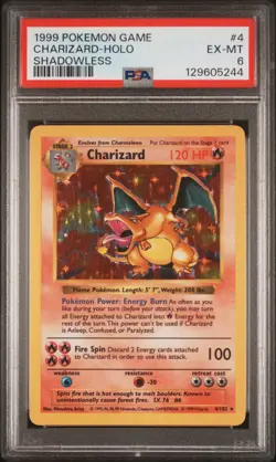 1999 POKEMON GAME SHADOWLESS #4 CHARIZARD-HOLO PSA 6 - Image 1