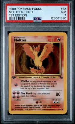 1999 POKEMON FOSSIL 1ST ED #12 MOLTRES-HOLO PSA 7 - Image 1