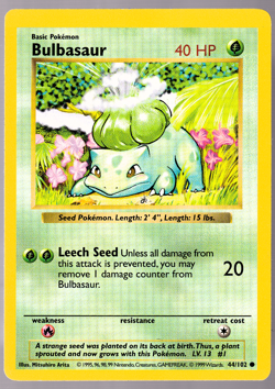 Bulbasaur Shadowless 44/102 Base Set Pokemon TCG Card 1999 LP - Image 1