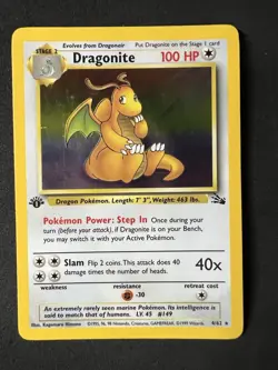 Pokemon 1999 First Edition Fossil Dragonite Holo 4/62 MP Moderately Played - Image 1