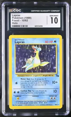 CGC 10 Lapras 1999 Fossil Set 10/62 Holo Rare Pokemon Card Gem Mint - Image 1