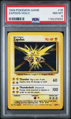 1999 POKEMON BASE SET UNLIMITED #16 ZAPDOS-HOLO PSA 8 - Image 1