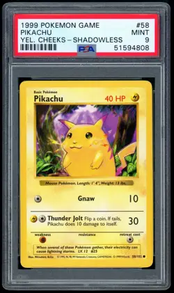 1999 Pokemon Shadowless Base Set 58 Pikachu Yellow Cheeks Non-Holo PSA MINT 9 - Image 1