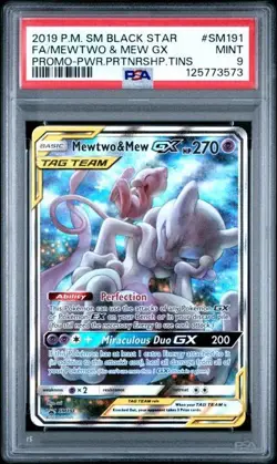 2019 Pokemon S&M Full Art Mewtwo & Mew GX Tag Team Tin Promo Sm191 Graded PSA 9 - Image 1