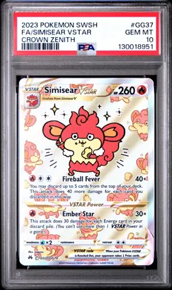 2023 POKEMON SWORD & SHIELD CROWN ZENITH #GG37 FULL ART/SIMISEAR VSTAR PSA 10 - Image 1