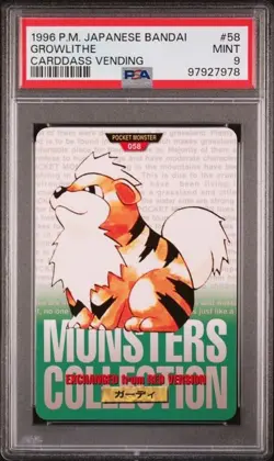 1996 Pokemon Japanese Bandai Carddass Vending #58 Growlithe PSA 9 MINT Green - Image 1