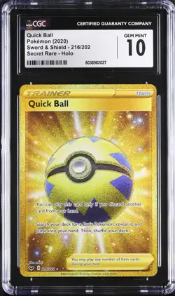 CGC 10 GEM MINT Quick Ball 216/202 Sword & Shield Base Holo Secret Rare Pokemon - Image 1