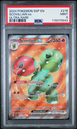 2024 POKEMON SSP EN-SURGING SPARKS HOLO ULTRA RARE #216 SCOVILLAIN EX PSA 9 - Image 1