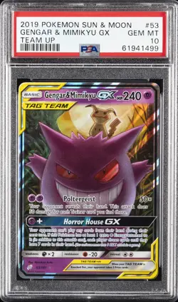 2019 POKEMON SUN & MOON TEAM UP #53 GENGAR & MIMIKYU GX PSA 10 - Image 1