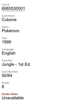 CGC 8 NM/MINT - CUBONE 50/64 - JUNGLE 1st EDITION - 1999 Pokemon - Image 4