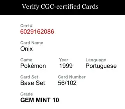 Pokemon TCG PORTUGUESE Onix #56/102 Base Set 1999 CGC 10 Gem Mint - Image 4