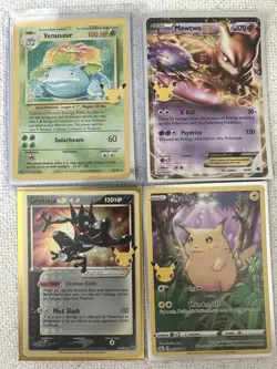 Pokemon Celebrations 4 Card Lot - Venusaur, Mewtwo EX, Greninja Promo, Pikachu - Image 1