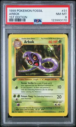 1999 POKEMON FOSSIL 1ST ED #31 ARBOK PSA 8 - Image 1