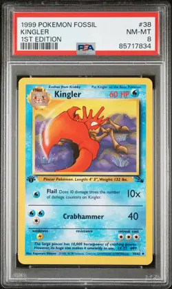 1999 POKEMON FOSSIL 1ST ED #38 KINGLER PSA 8 - Image 1