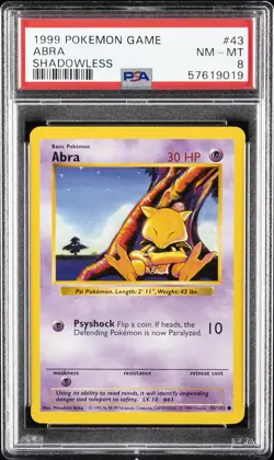 1999 POKEMON BASE SET SHADOWLESS #43 ABRA PSA 8 - Image 1