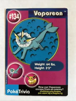 1999 PokeTrivia Burger King Promo #134 Vaporeon Unperforated card - Image 1