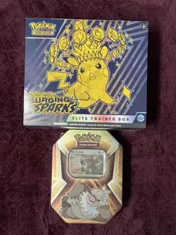 Pokemon TCG Surging Sparks ETB And Slaking Collector Tin New Factory Sealed - Image 1