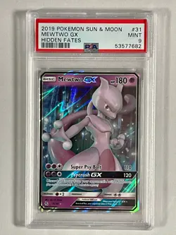 2019 Pokemon Sun & Moon Hidden Fates Full Art MEWTWO GX Shiny #31 PSA MINT 9 - Image 1