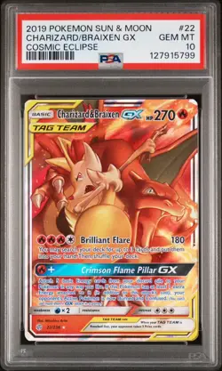 2019 POKEMON SUN & MOON COSMIC ECLIPSE #22 CHARIZARD & BRAIXEN GX PSA 10 - Image 1