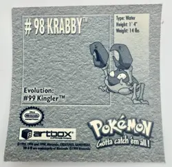 Pokemon 1999 Artbox Series 1 Stickers Krabby #98 - Image 2